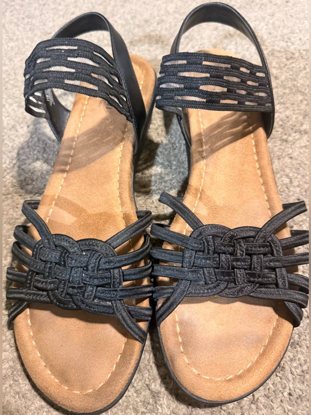 East 5th Black Woven Strap Gilda Sandals with Tan Footbed